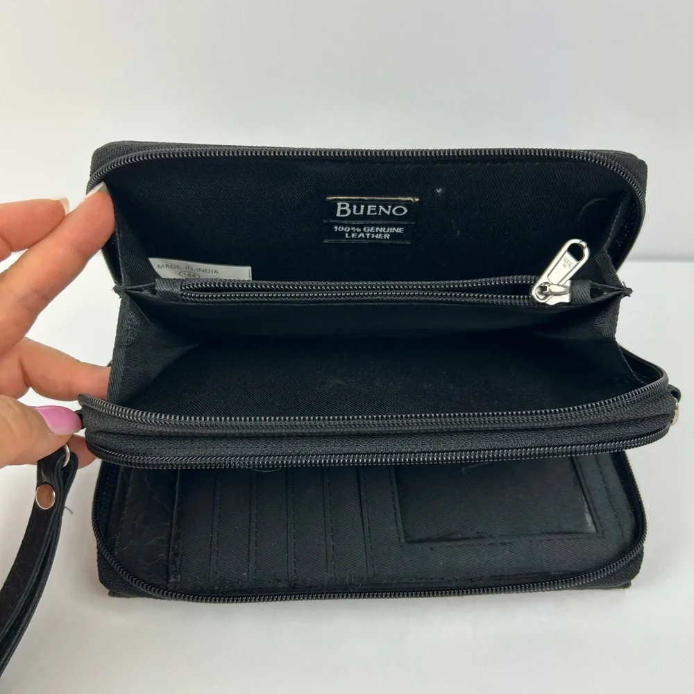 Genuine Black Textured Leather BUENO Clutch with Wrist Strap